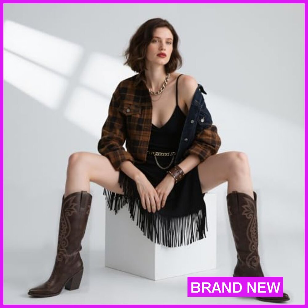 Knee High Cowboy Boots Embroidered Western Chunky Heel Pointed Toe Slip On - Picture 3 of 7